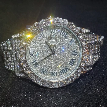Hip Hop MISSFOX Ľadový Von Pánske Hodinky Top Značky Luxusné Rímske Automatický Dátum Silver Diamond Quartz náramkové hodinky Pre Mužov Šperky