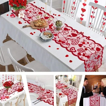 Červené Srdce Čipky Stôl Runner Obrus Krb Obdĺžnik Tabuľka Kryt Pre Domáce Svadobný Motív Strany Valentines Day Dekorácie