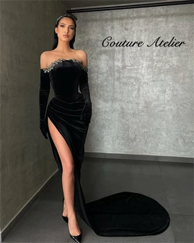 Black Velvet Večerné Šaty Pre Ženy Strany Štrbinou Prom Šaty Elegantná Večera Plášte vestidos elegantes para mujer