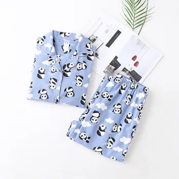 Bavlna Bežné Pyžamo Nastaviť Ženy Pyžamo Cartoon Panda Tlač Zimné Sleepwear Teplé Bežné Oblečenie Pre Voľný Čas Plný Rukáv Košele Nohavice