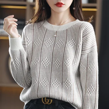 Jesenné a zimné nové pribrala cashmere sveter žien okolo krku farba blokuje vertikálne sveter voľné čistá vlna pletené