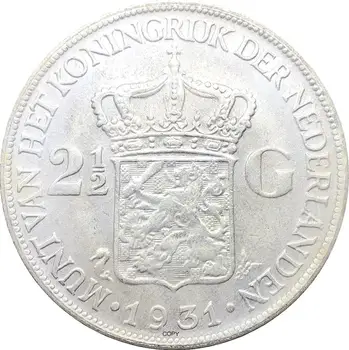 Holandsko 1931 2 a pol Guldenu Wilhelmina som WILHELMINA KONINGIN NEDERLANDEN Cupronickel Strieborné Pozlátené Kópiu Mince S Písmenom Okraj