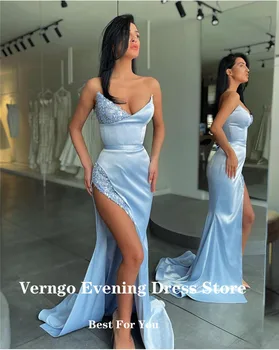 Verngo 2021 Light Blue Satin Dlhé Večerné Šaty Milú Lesk Sequin Morská Víla Dubaj Prom Šaty Štrbinou Sexy Party Formálne Šaty