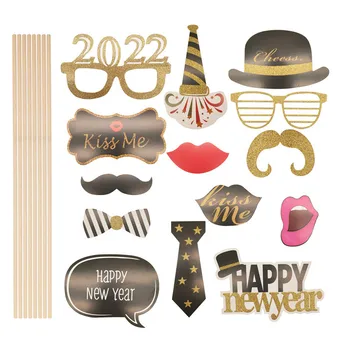 2022 Šťastný Nový Rok Photo Booth Rekvizity S Beard Klobúk, Okuliare, Vianoce, Nový Rok Party Deti, Dospelých Funy PhotoBooth Rekvizity Dodávky