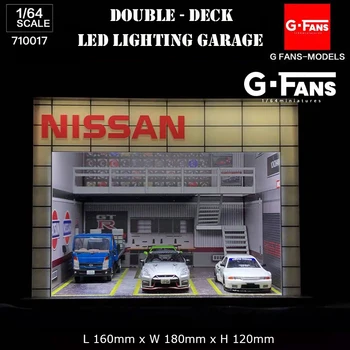 G-Fanúšikov 1/64 Diorama Dvakrát Stolná LED Osvetlenie Garáže Model Auta Zber Displej Darčeky Hračka - Nissan Verzia