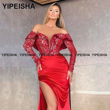 Yipeisha Sexy Červené Šaty Ples Morská víla Dĺžka Podlahy Strane Split Večerné Šaty Vestido de Festa Iskrivý Sequin Formálnej Strany Šaty