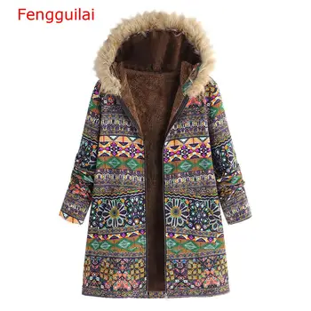 Zimné žena kabát Dámske Zimné Teplé Outwear Retro geometrie Tlač s Kapucňou Vrecká Vintage Nadrozmerná Coats ženský plášť