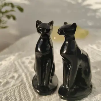7 cm Roztomilý Prírodný Kameň Čierny Obsidián Ručne Vyrezávané Egyptský Mačka Boha Zvierat Silný Socha Pre Domáce Dekorácie Darček