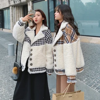 Dámske zimné nový kórejský štýl voľné krátke prešívaný vlnou kabát, šitie houndstooth módne ženy zimný kabát vlna 2021