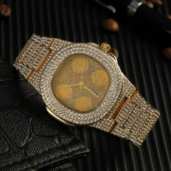 Luxusné Značky Rock Diamond Mužov Sledovať Crystal Zlato Náramok Striebornej Farbe Á Dial Muž Quartz náramkové hodinky Hip Hop vysokej kvality