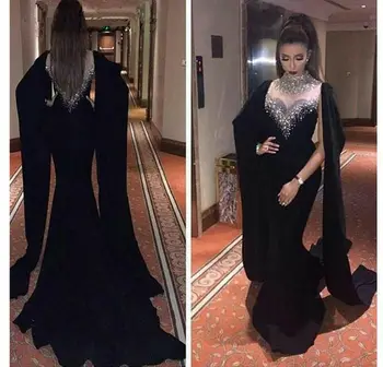 Elegantné Dubaj Morská víla Dlho Tvárny Korálkové Večerné Šaty Dĺžka Podlahy Zips Späť Black Formálne Party Šaty pre Ženy