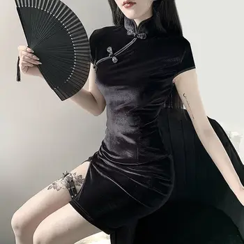 Čínsky Štýl Dievča Velvet Cheongsam Šaty na Jar/leto Dlhý Rukáv/krátky Rukáv Mandarin Golier Sexy Mini Šaty pre Ženy