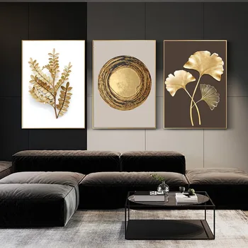 Abstrakt Moderné Gold List Wall Art Luxusné Kolo Plagát Vytlačené Nordic Plátno Na Maľovanie Obývacia Izba Foto Dekorácie