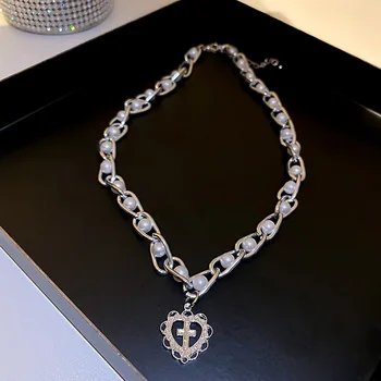Nový Kórejský Módne Imitácia Perly Korálkové Reťaze Náhrdelníky Svadobné Party Šperky Pre Ženy, Moderný Cross Srdce Prívesok Náhrdelníky