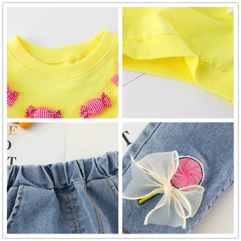 Baby Dievčatá Oblečenie Sady 2021 Jeseň Deti Čipky Candy T Shirt Luk-uzol Džínsy Deti Ležérne Športové oblečenie, Dojčenské Oblečenie, Oblečenie