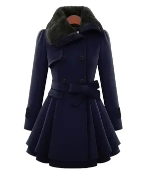 Dvojité Breasted Pribrala Coats dámske Oblečenie Slim Fit Strednodobom a Dlhodobom Vlnené Kabát + Pás na Sklade 2021 Zime