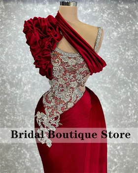 Elegantná Červená Morská Víla Večerné Šaty Jedno Rameno Opuchnuté Velvet Korálkové Crystal Prom Šaty, Dlhé Ženy Party Šaty
