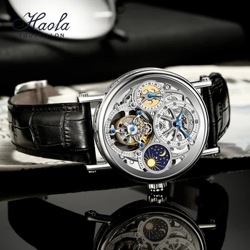 Haofa Luxusné Tourbillon Mechanické Hodinky Pre Mužov Roating GMT Deň A Noc Tourbillon Sapphire náramkové hodinky Vodotesné Svetelný