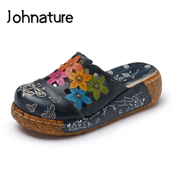 Johnature Pravej Kože Kvetinový Papuče Mimo Letné Sandále Na Platforme Národnej Štýl Listov Byt So Bežné Dámske Topánky