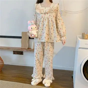 QWEEK Kvetinový Pyžamo Pour Femme Vintage Oblečenie na Jeseň Dlhý Rukáv nohavicové Kostýmy dámske Pyžamo kórejský Sleepwear Plavky