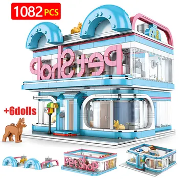 1082Pcs Kreatívne Mesto, Výhľad na Ulicu Pet Shop Model Stavebné Bloky DIY Priateľmi Dom Tehly Pes, Mačka Údaje Hračky pre Dievčatá Dary