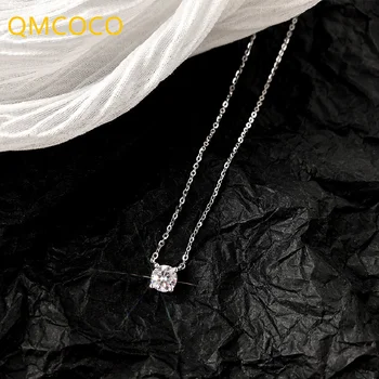 QMCOCO Jednoduché 925 Silver Štvorcový Zirkón Prívesok Náhrdelník Ženy, Dievča, Narodeninová Párty, Darčeky Módne Temperament Jemné Šperky Dary