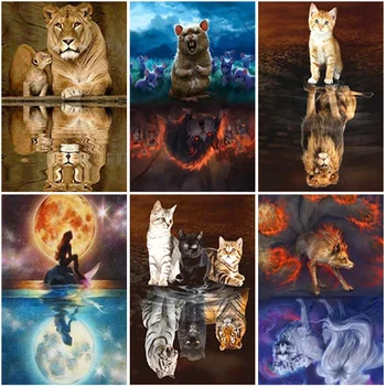 5D Diamond Maľby Zvierat Odrazu Plné Námestie Kolo Živice Tiger, Mačka Diamanty Výšivky Cross Stitch Súpravy, Dekorácie