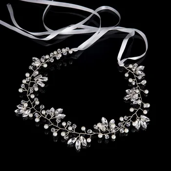 TREAZY Romantické Svadobné Svadobné hlavový most Imitácia Crystal Pearl Flower Nevesta Headdress Svadobné Šperky Príslušenstvo so Stuhou