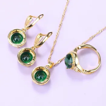 Dubaj Zlatá Farba Šperky Sady Kolo Zeleným Zirkónom Trendy Kostým Náušnice, Náhrdelník Aj Prívesok, Prsteň Súpravy Pre Ženy, Svadobné