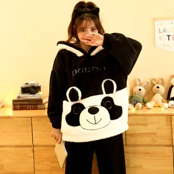 Zimné Ženy Pyžamá Sady Zahustiť Teplé Pyžamo Sleepwear Dospelý Karikatúra Panda Pijama Mujer Vyhovovali Hoodies Plus Veľkosť Oblečenie Pre Voľný Čas