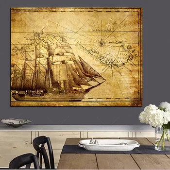 Retro Európskej Plachetnica Plachtenie Graf Starožitné Mapu Fantasy Loď Plátno Na Maľovanie Plagátu Vytlačí Wall Art Obraz Domova Cuadros