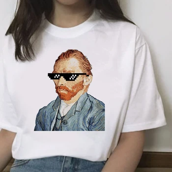 Van Gogh Harajuku Estetické Tlač T-shirt Dámy bežné základy O-golier biele tričko krátky rukáv Ženy dámy T-shirt,Drop Ship