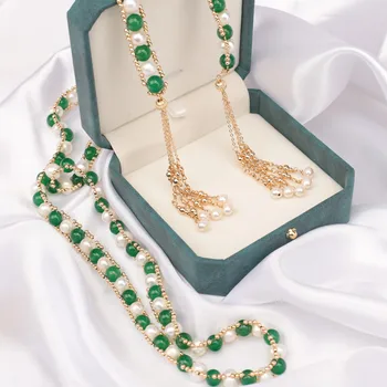Doprava zadarmo populárne ženské módne pozlátené perly prírodné skutočnou perlou vysoko kvalitné dlhé ručné strapec náhrdelník ženy darček