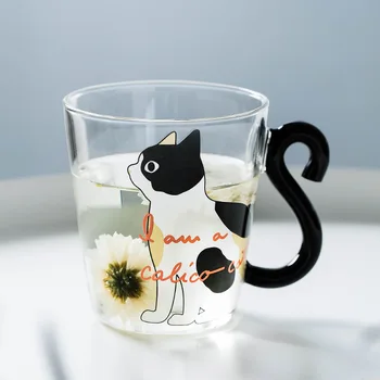 Japonsko Štýl 300 ML Cute Cat Sklo Voda Pohár Mlieka čaj Čaj Pohár Kitty Káva Hrnček s Mačka Chvost Rukoväť Drinkware