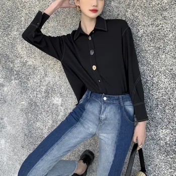 Ženy Košele Office Lady Elegantné Topy Čierny Dlhý Rukáv 2021 Jeseň Kórejský Streetwear Módy Tričko E966