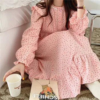 Bavlna gázy nightgown ženy dlhý rukáv volánikmi dlhé ružové šaty, oblečenie pre voľný čas kórejský roztomilý odev domov vestidos jeseň L461