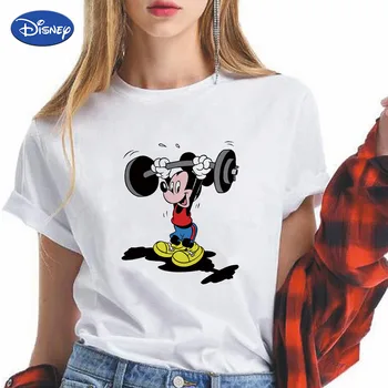 Mickey Vzpierania Disney Bežné Tričko Ženy Krátky Rukáv Dievča Moc T-Shirt Fitness Oblečenie Letné Top Fashion Európskej