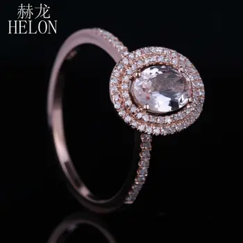HELON Pevné 10K Rose Gold Oválne 7x5mm Skutočné Morganite Diamanty Dve Halo Zapojenie Svadobné Trendy Jemné Šperky Diamantový Prsteň