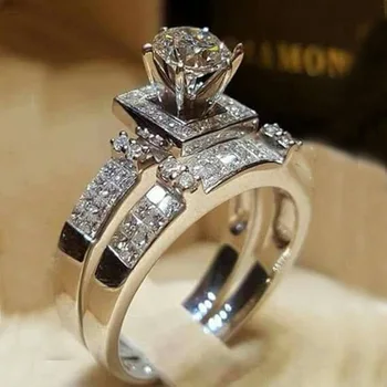 2021 Módne 925 Sterling Silver Crystal Promise Ring pre Ženy 2pc/set 2 V 1 Angažovanosť Svadobné AAA CZ Zirkón Prstene, Šperky