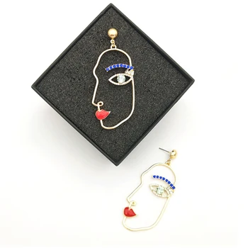Jedinečný Modré Crystal Ľudskú Tvár Náušnice Pre Ženy Strany Kúzlo Šperky Zábavné Abstraktné Umenie Duté Zlatá Farba Zliatiny Obrázok Earings