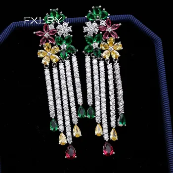 FXLRY Nový Multi Farba Kvetu Visiace CZ Kameň Dlhé Veľký Strapec Drop Náušnice Pre Ženy, Luxusné Zirkónmi, Šperky