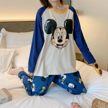 Mickey Mouse Sleepwear Voľné Domov Nohavice Dlhý Rukáv Bežné 2 Ks Súpravy Župan pre Ženy Pajama Móda Jeseň 2021 Disney