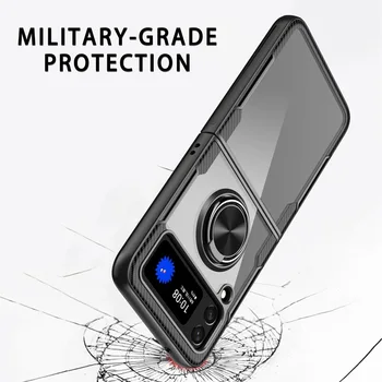 Telefón puzdro pre Samsung Z Flip 3 Transparentný Držiak Krúžok Uhlíkových Vlákien Vzor TPU Akryl Absorbovať Auto Anti-jeseň Ochranný Kryt