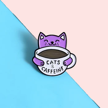 Mačky & Kofeín Roztomilý Smalt Kolíky Zvierat Kávy Módne Tvorivé Odznaky, Brošne Cartoon Šperky Veľkoobchod Darčeky pre Priateľov