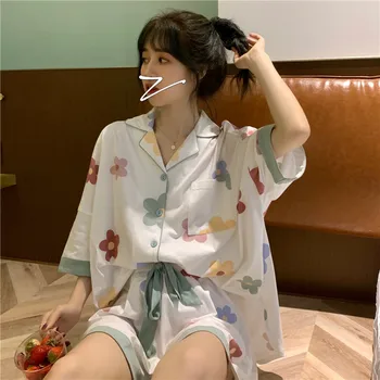 CAIYIER Kvetina Tlače Dievčatá Odev Letné Krátke Šortky Kawaii Pyžamo Set Pre Ženy Kus Dvoch kórejských Krásne Plavky