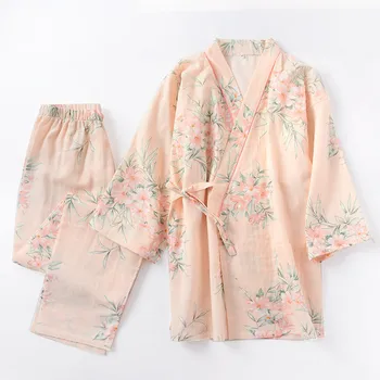 2 KS Japonské Kimono Pyžamo Nastaviť Čistej Bavlny módne Ženy Jeseň Nové Yukata Kvetinový Tlač Pare alebo vo vode, Potu Vyhovovali Milovníkov Oblečenie